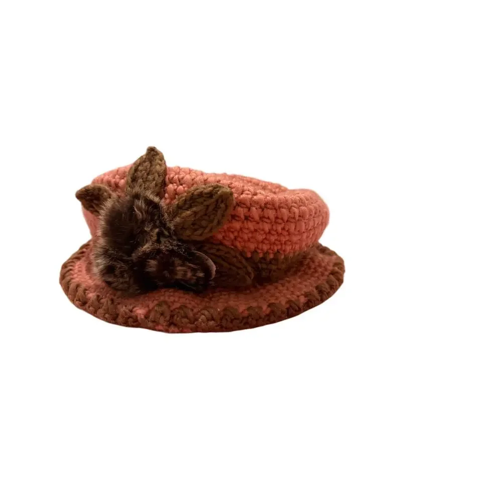 Women's Red Brown Floral Circle Faux Fur Crochet Hat